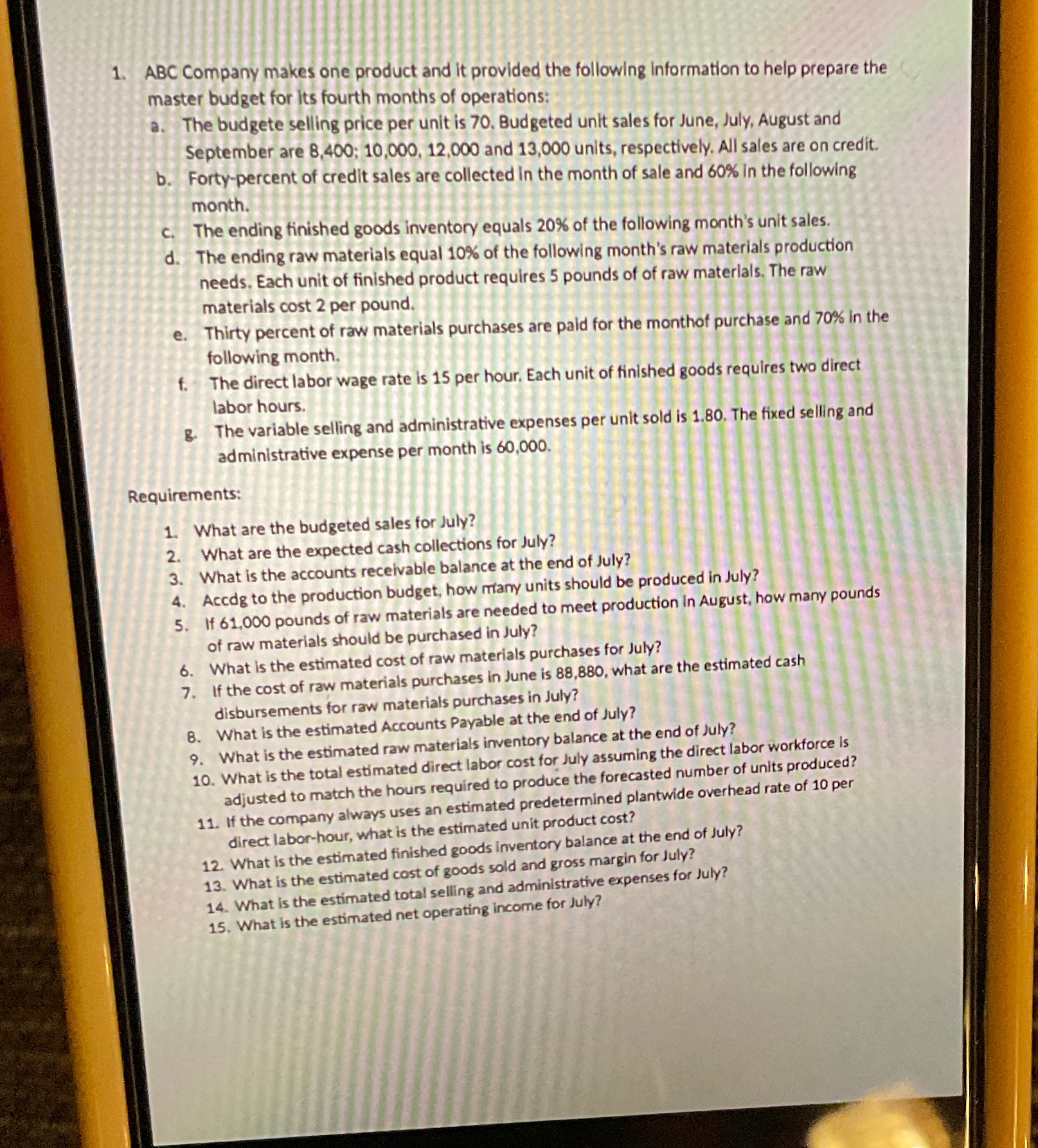  ABC Com pany makes one product and it provided the following