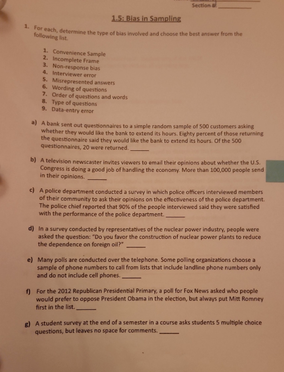 I need help please Section 1.5: Bias in Sampling following list. 1.