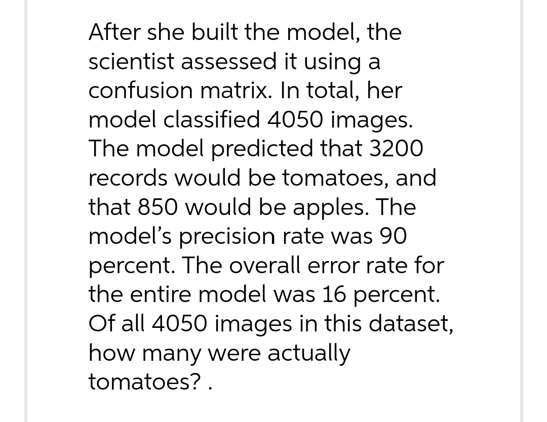  After she built the model, the scientist assessed it using a