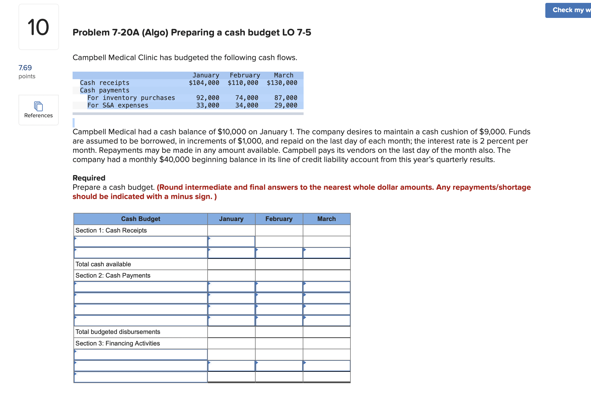  10 7.69 points TI References Problem 7-20A (Algo) Preparing a cash