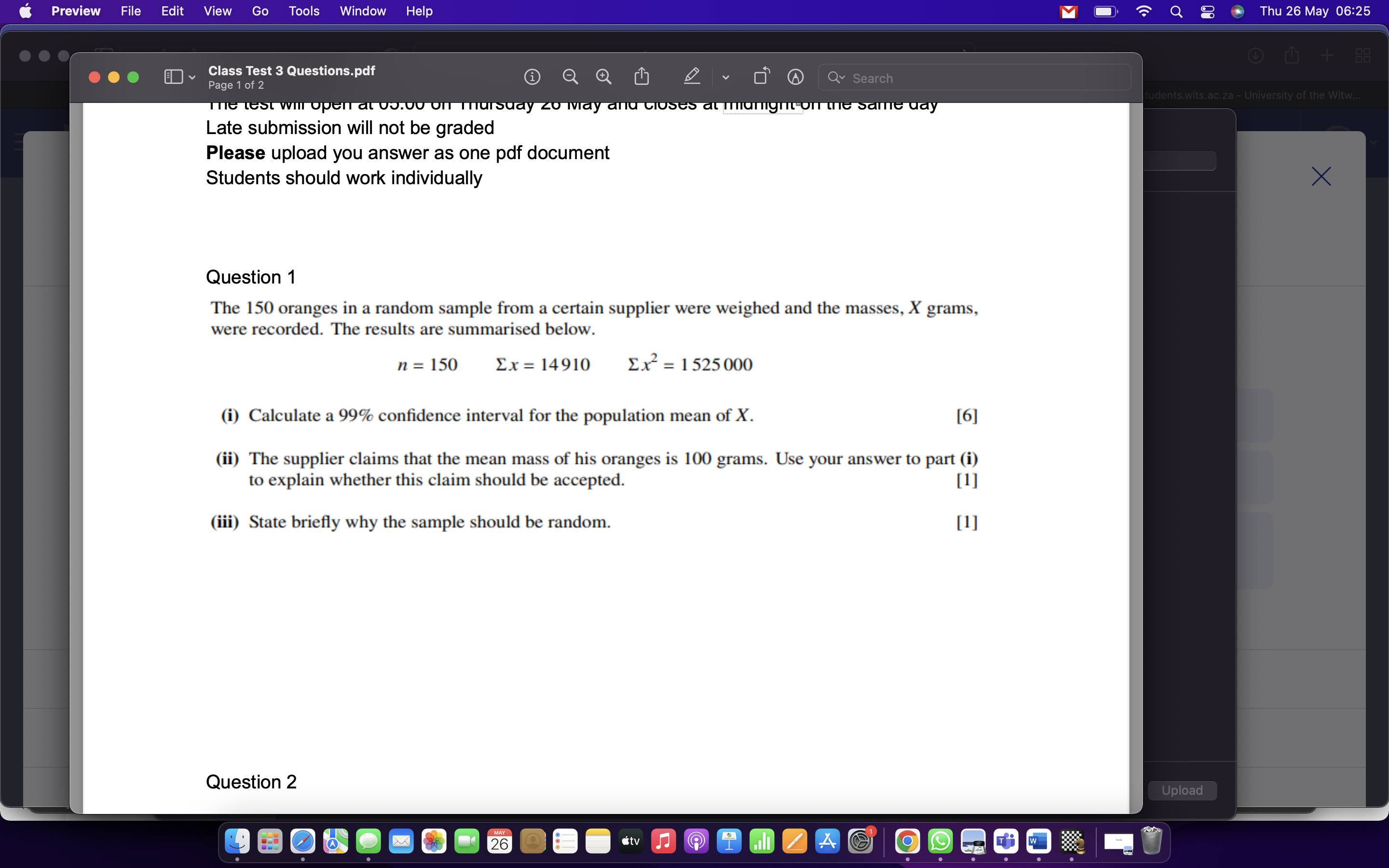 The 150 oranges is a random sample from a certain supplier were