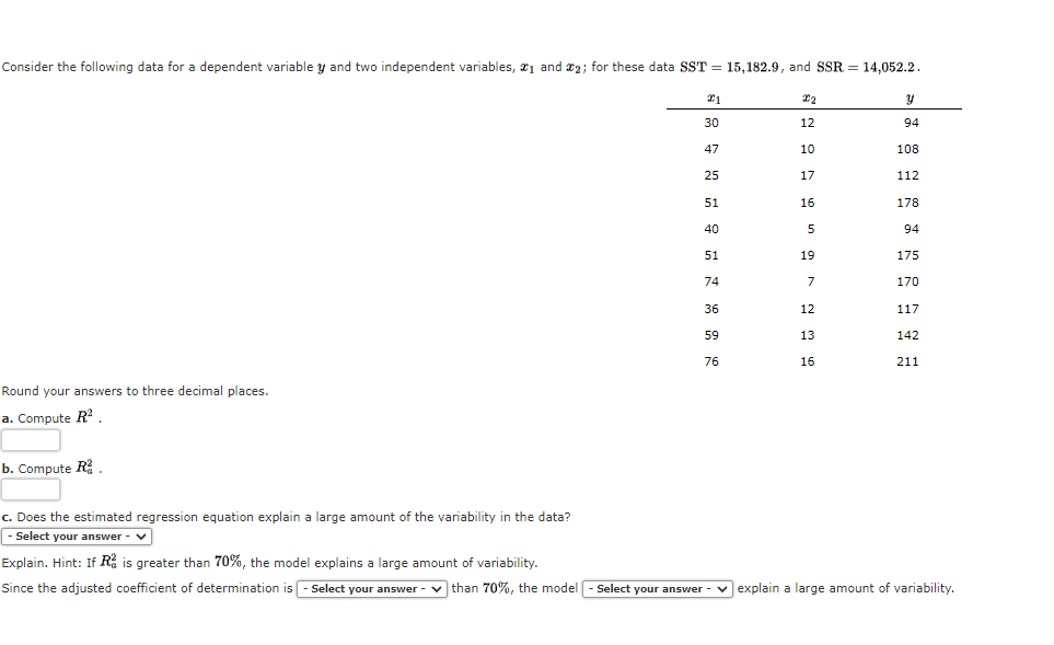  Consider the following data for a dependent variable y and two