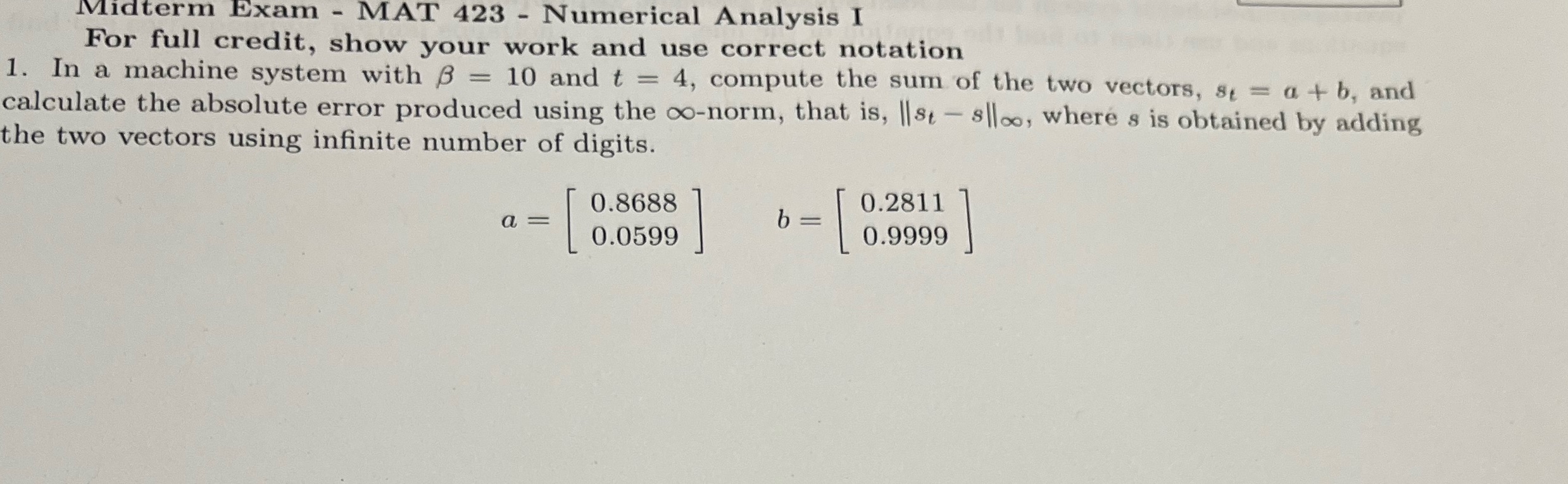 Q1 Midterm Exam - MAT 423 - Numerical Analysis I For full