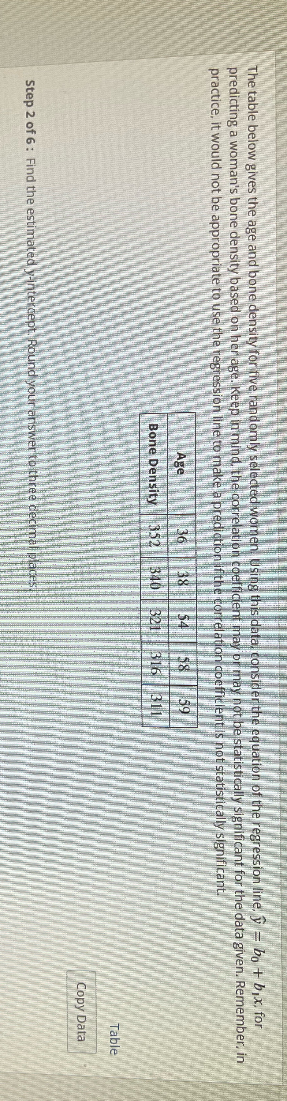  The table below gives the age and bone density for five