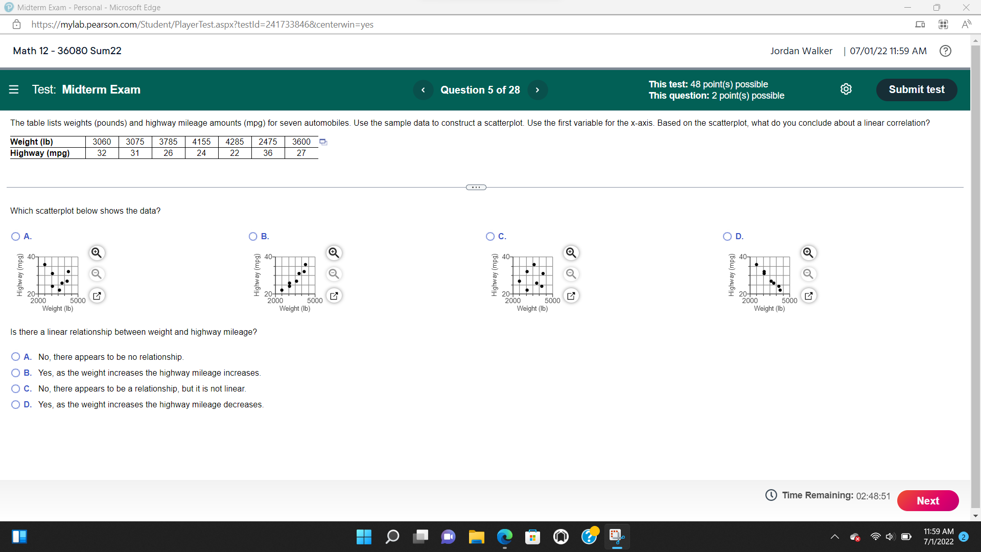  Midterm Exam - Personal - Microsoft Edge X https://mylab.pearson.com/Student/PlayerTest.aspx?testld=241733846&centerwin=yes A Math