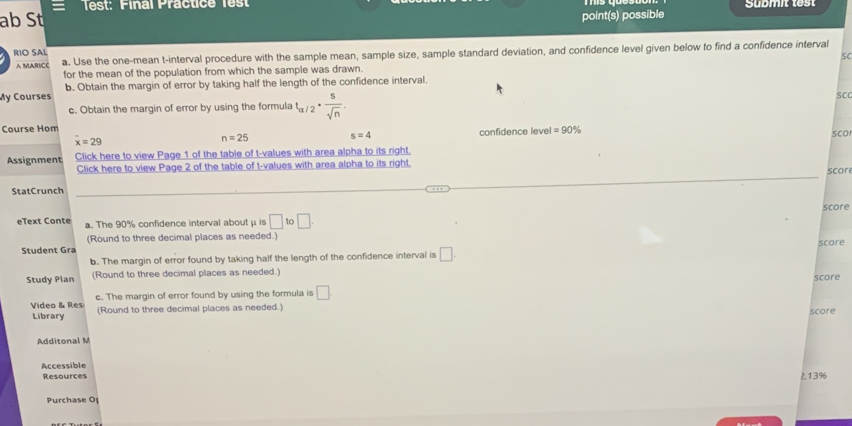  Test: Final Practice Test ab St Submit test point(s) possible RIO