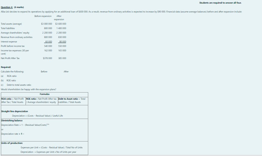  Students are required to answer all four. Question 4: (6 marks)