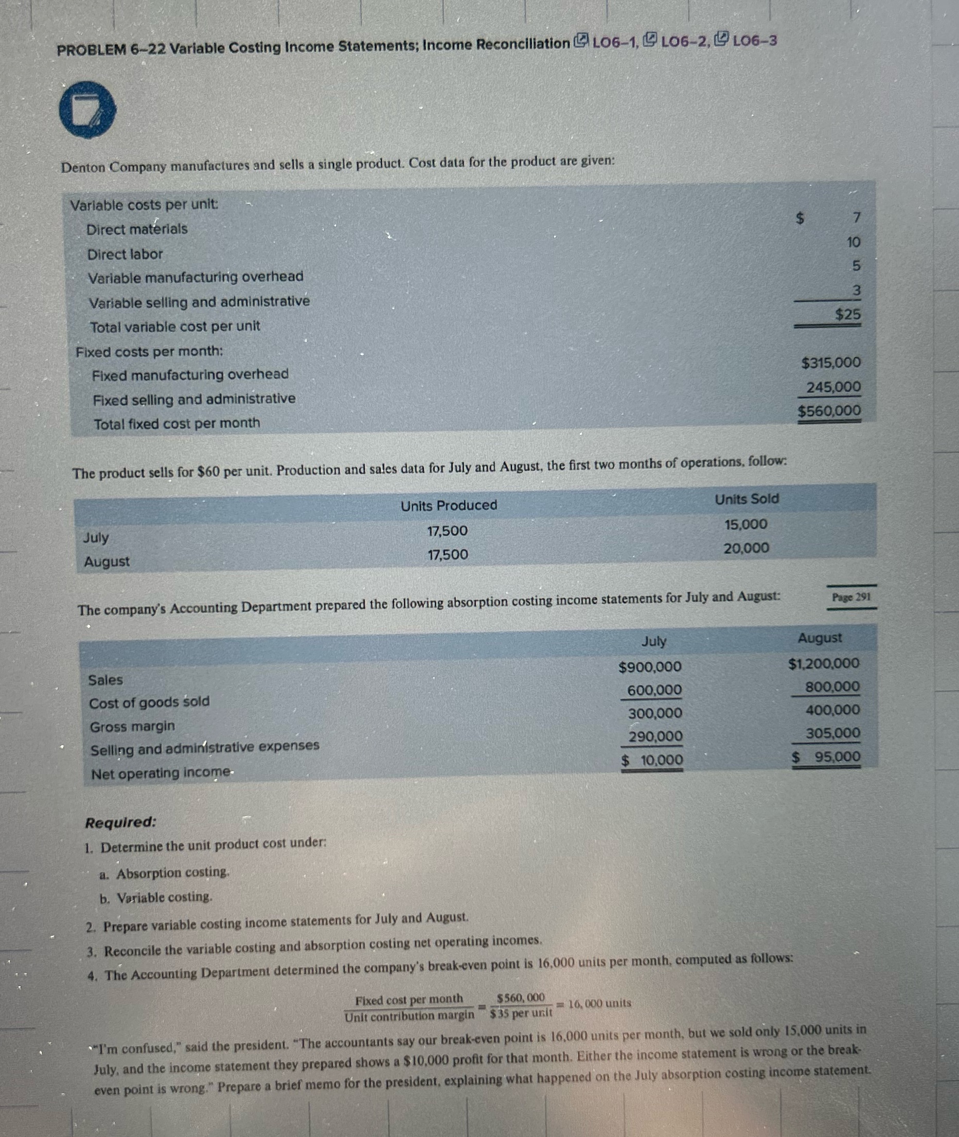 Pls show how you got the Answer ! PROBLEM 6-22 Variable Costing