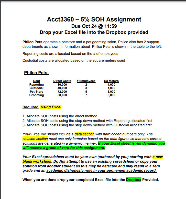Acct3360 - 5% SOH Assignment Due Oct 24 @ 11:59 Drop