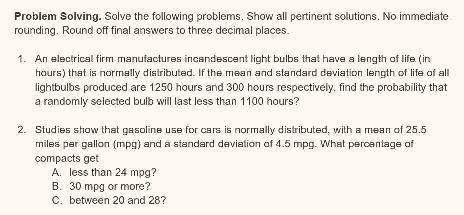 hi pls show me solution Problem Solving. Solve the following problems. Show