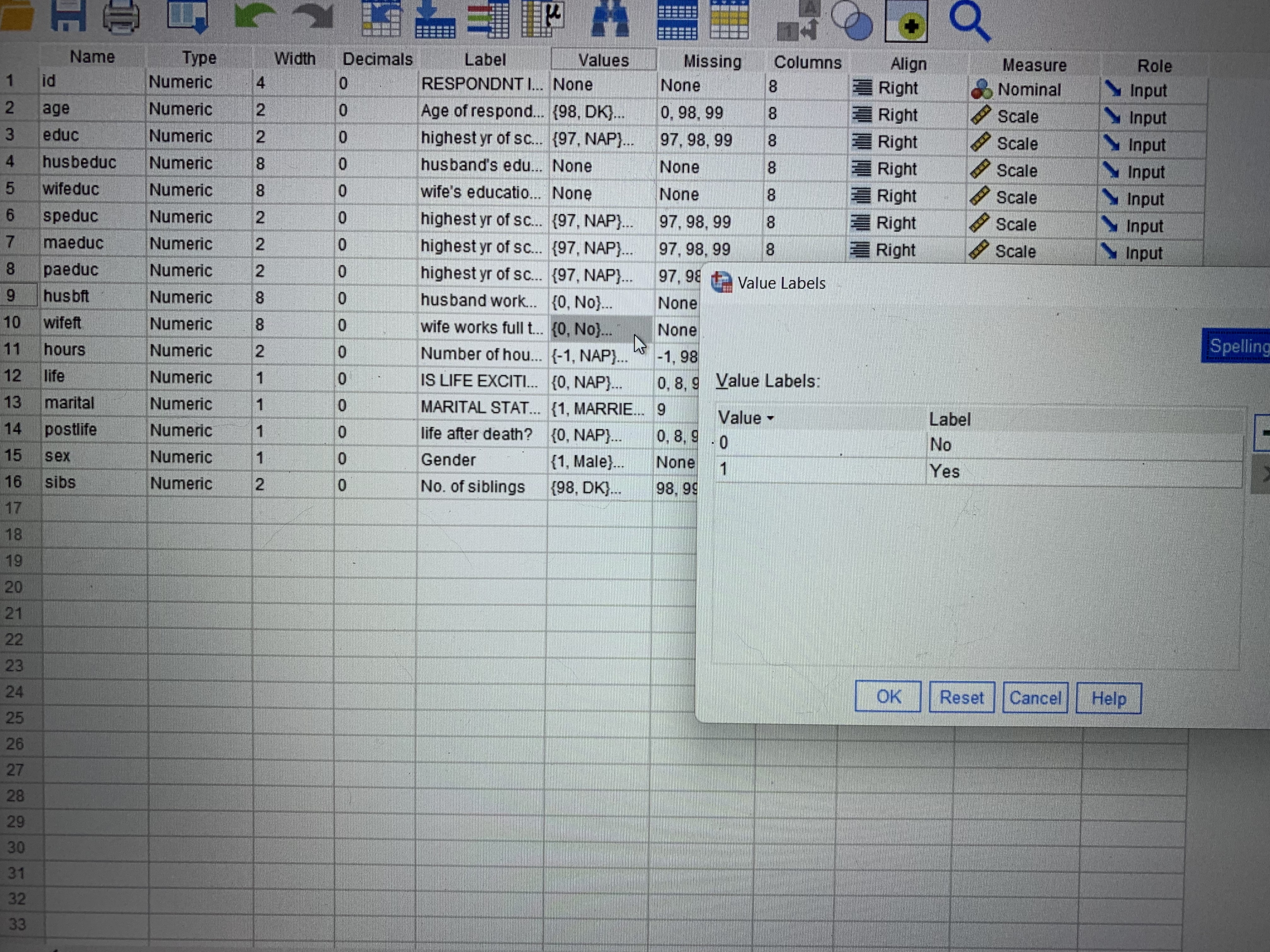 Help + Q hours life marital postlife . s wifeduc speduc maedu
