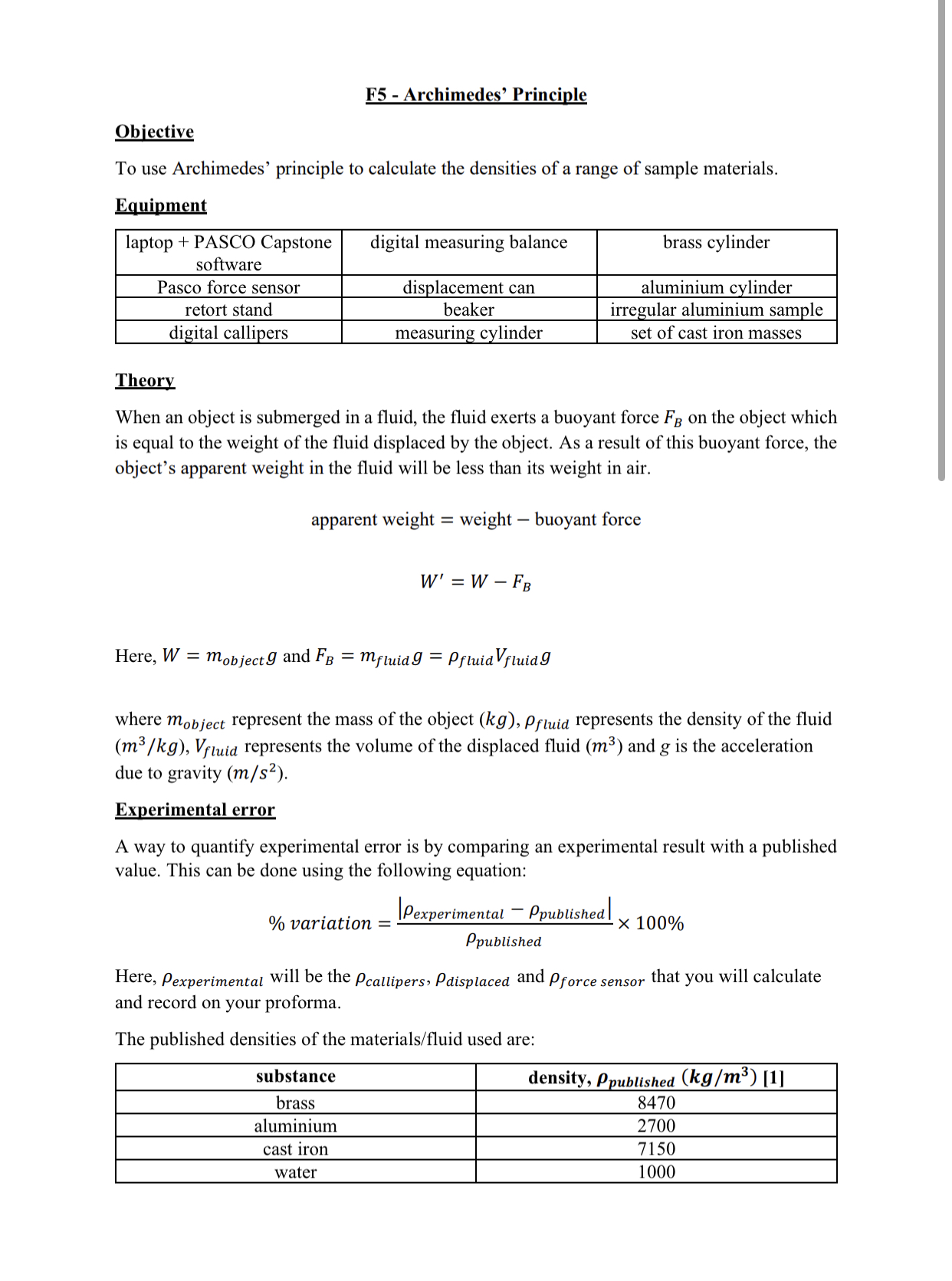measurement and record it in the \"Density determined using a displacement can\"