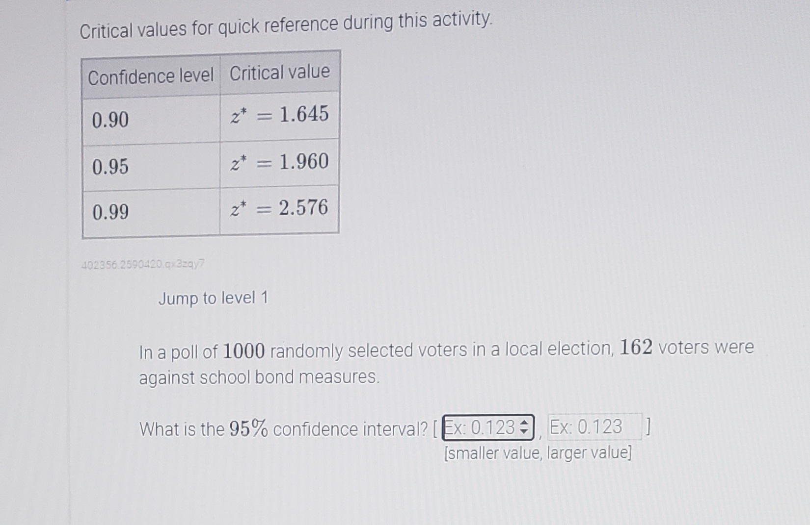 Confidence intervals for population proportions Critical values for quick reference during this