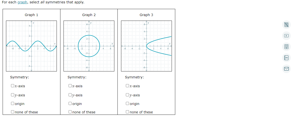 For each graph, select all symmetries that apply. Graph 1 Graph