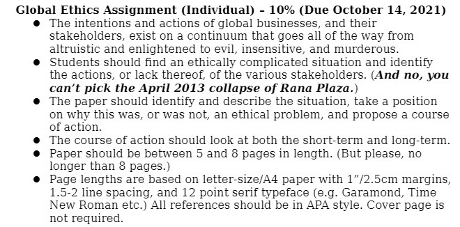  Global Ethics Assignment (Individual) - 10% (Due October 14, 21121] I