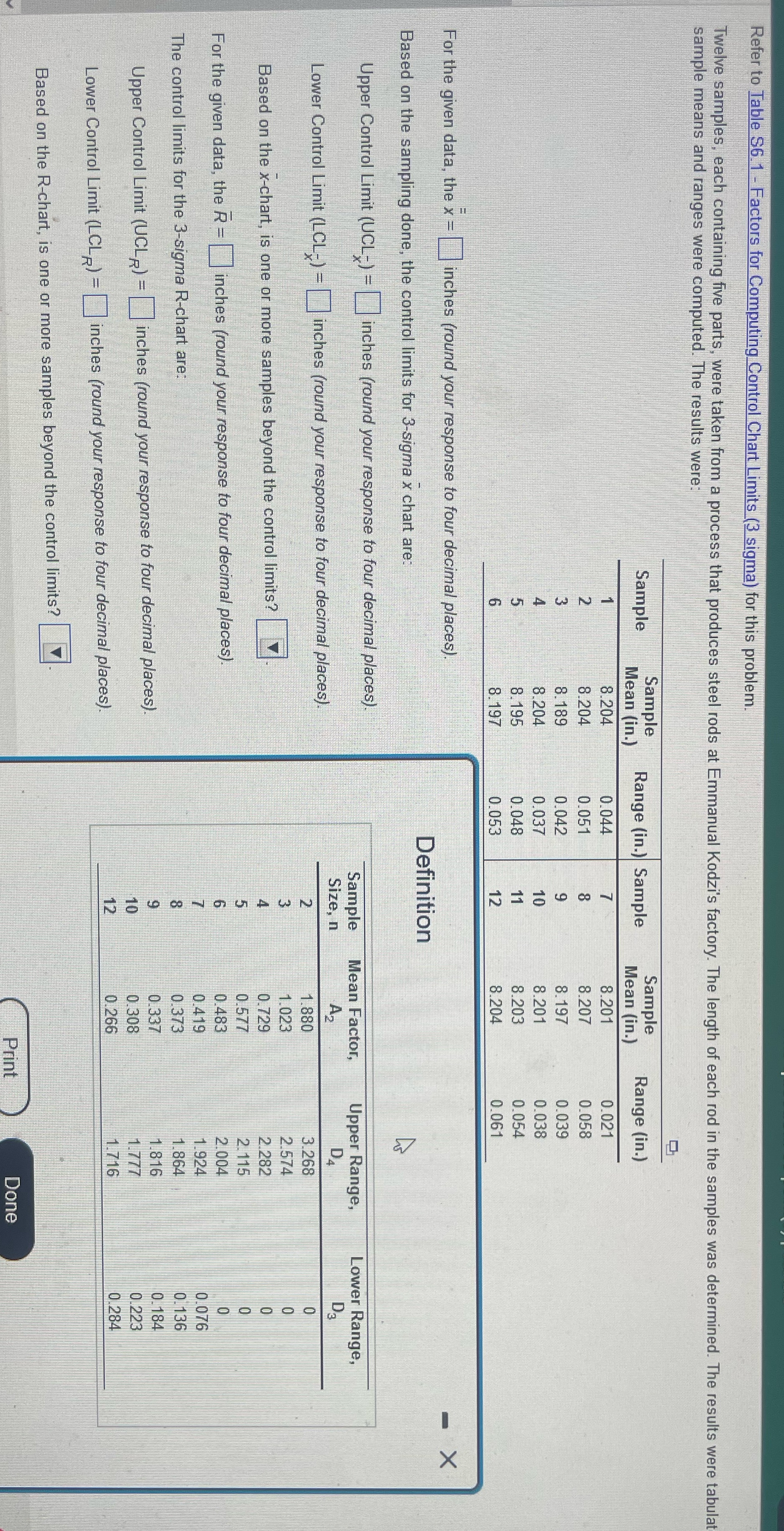  Refer to Table $6.1 - Factors for Computing Control Chart Limits
