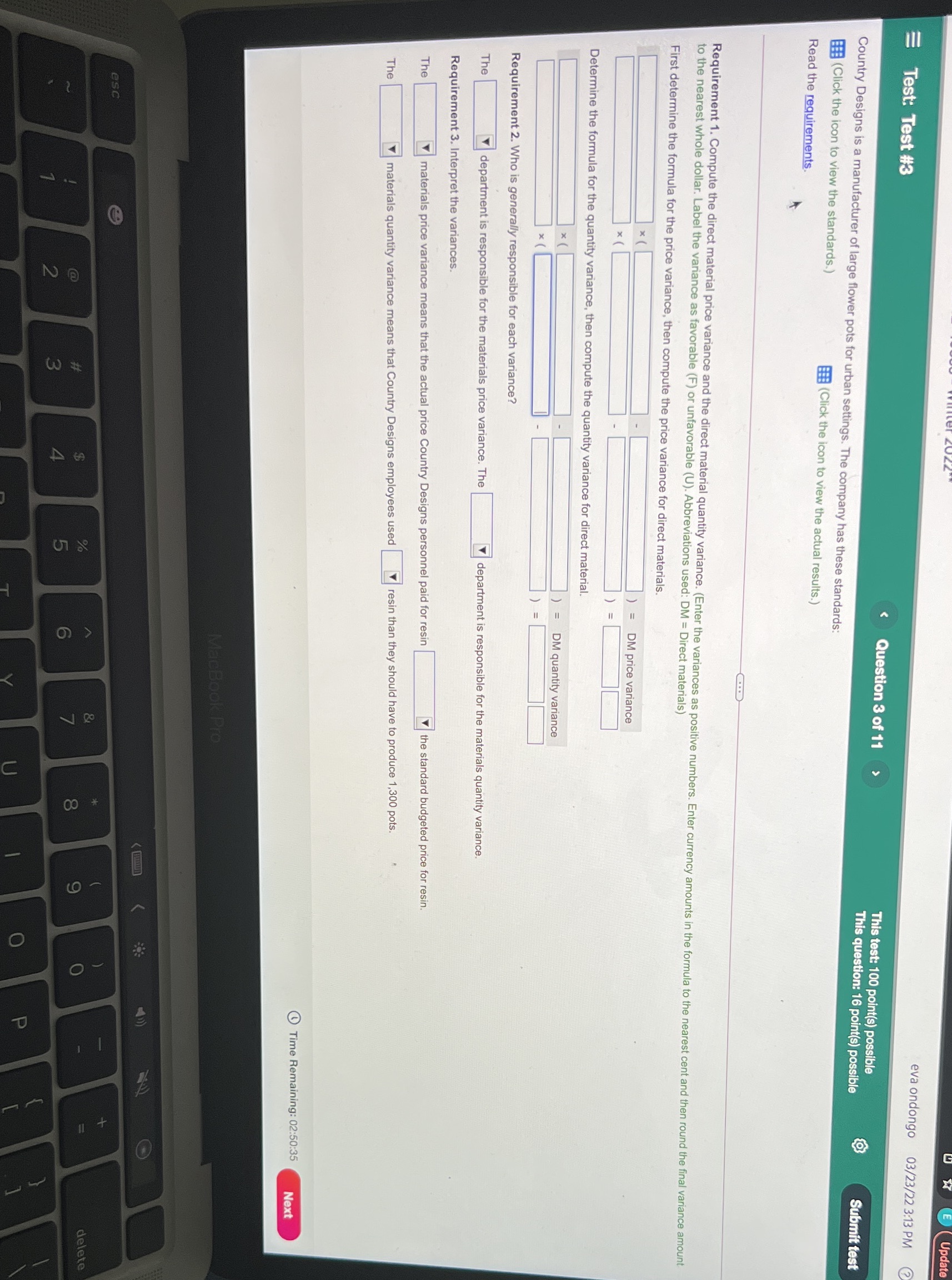  eva ondongo 03/23/22 3:13 PM Test: Test #3 Question 3 of