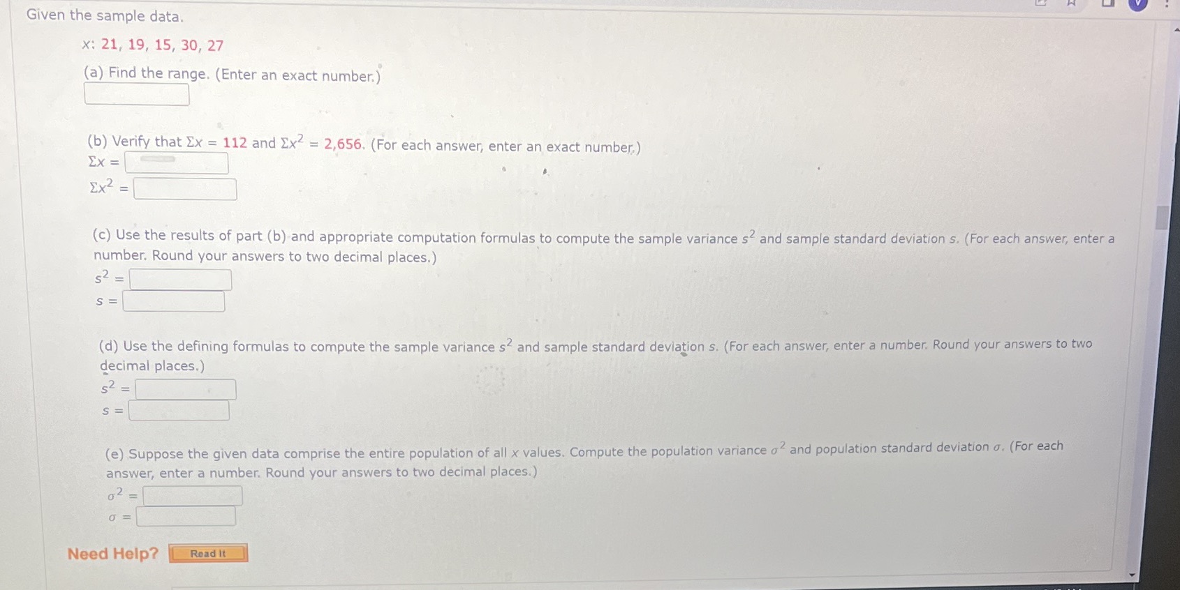  Given the sample data. x: 21, 19, 15, 30, 27 (a)