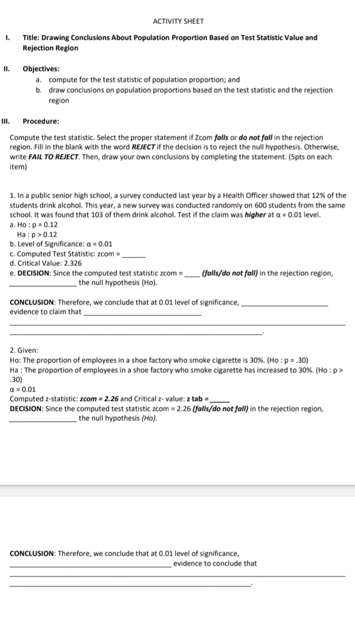 ACTIVITY SHEET 1. Title: Drawing Conclusions About Population Proportion Based on
