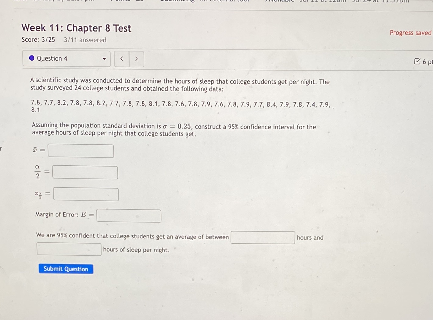  Week 11: Chapter 8 Test Progress saved Score: 3/25 3/11 answered