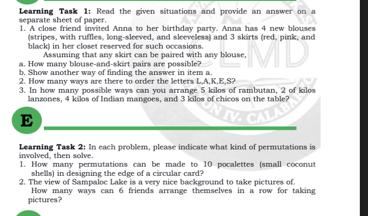 Typewritten if possible With solution Learning Task 1: Read the given situations