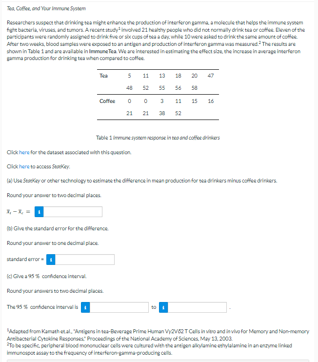 Please answer the following questions using STAT: Tea, Coffee, and Your Immune