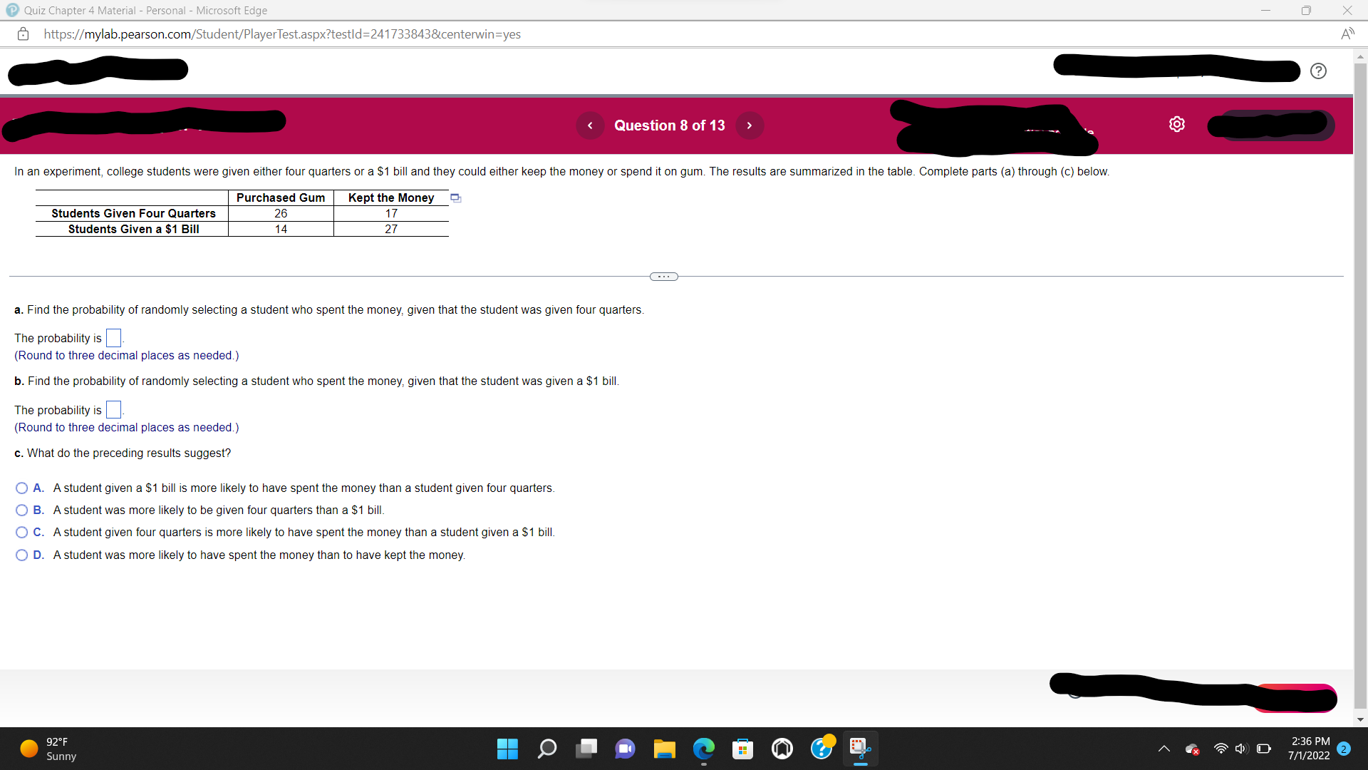  Quiz Chapter 4 Material - Personal - Microsoft Edge X https://mylab.pearson.com/Student/PlayerTest.aspx?testld=241733843&centerwin=yes