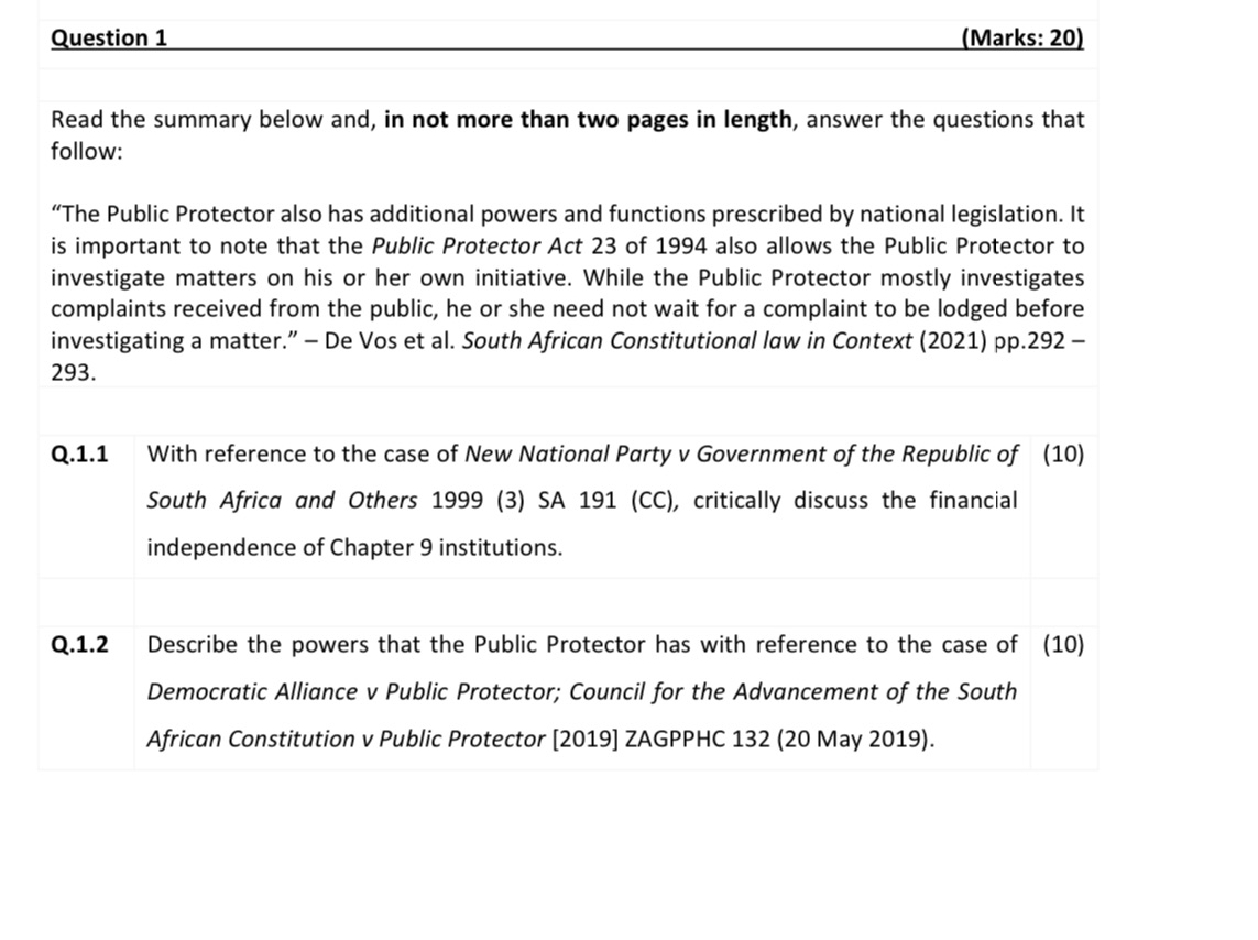  Question 1 [Marks: 20] Read the summary below and, in not