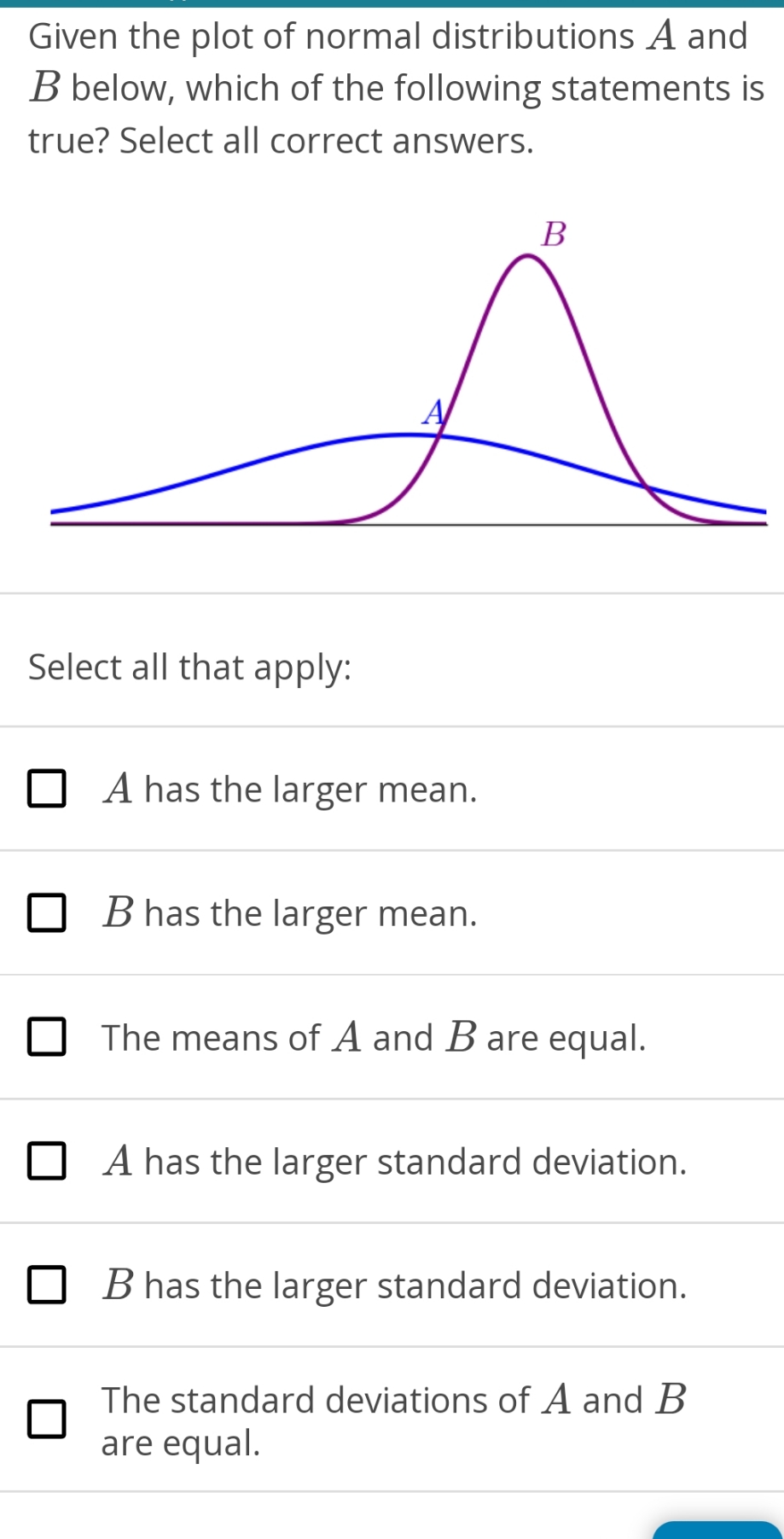 select all that apply Given the plot of normal distributions A and