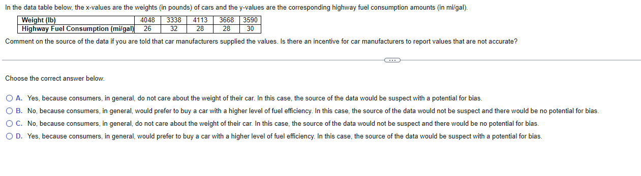 In the data table below, the x-values are the weights [in
