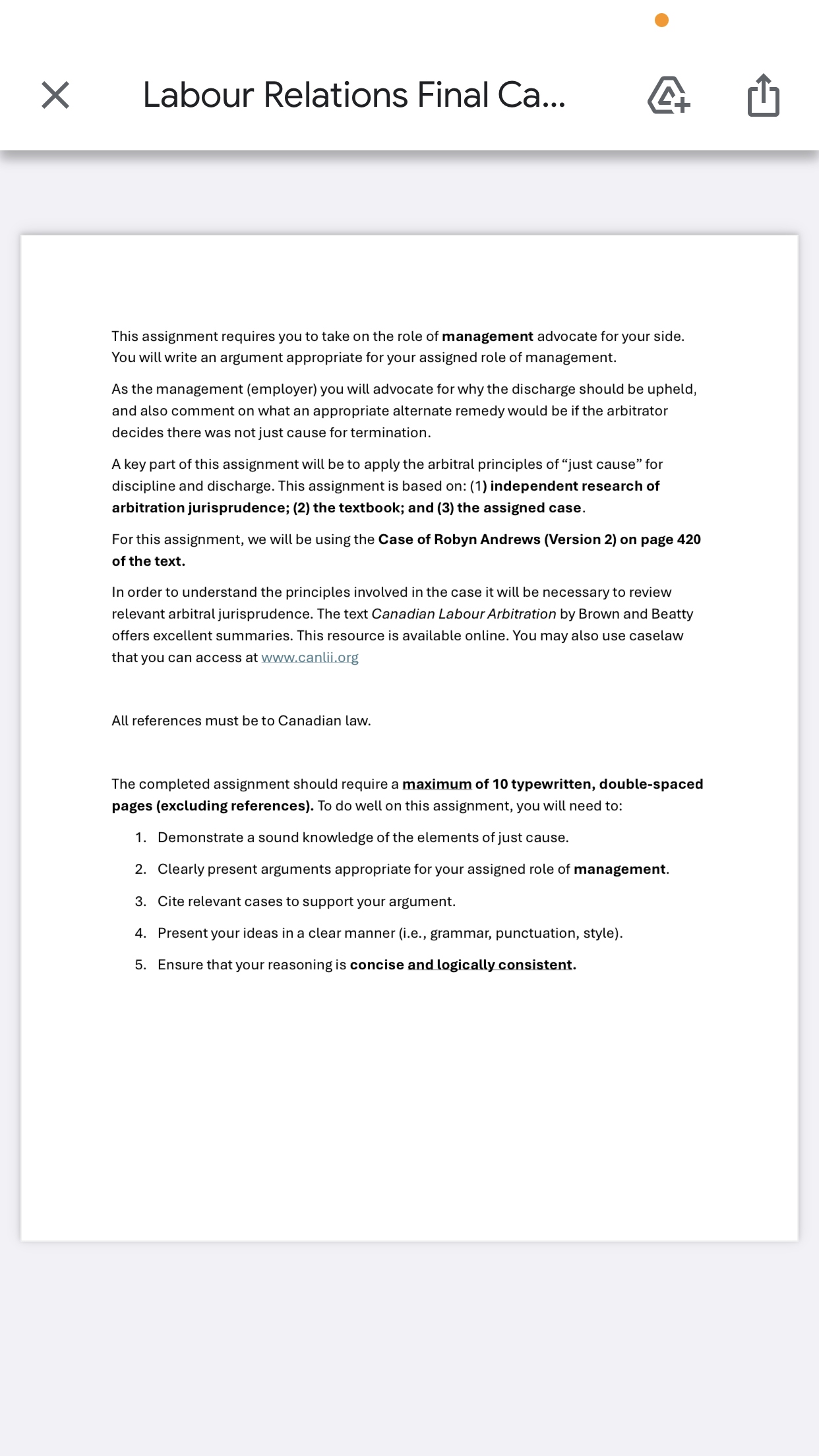  X Labour Relations Final Ca... Y This assignment requires you to