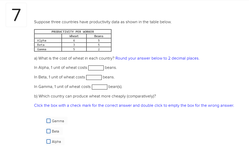  Suppose three countries have productivity data as shown in the table