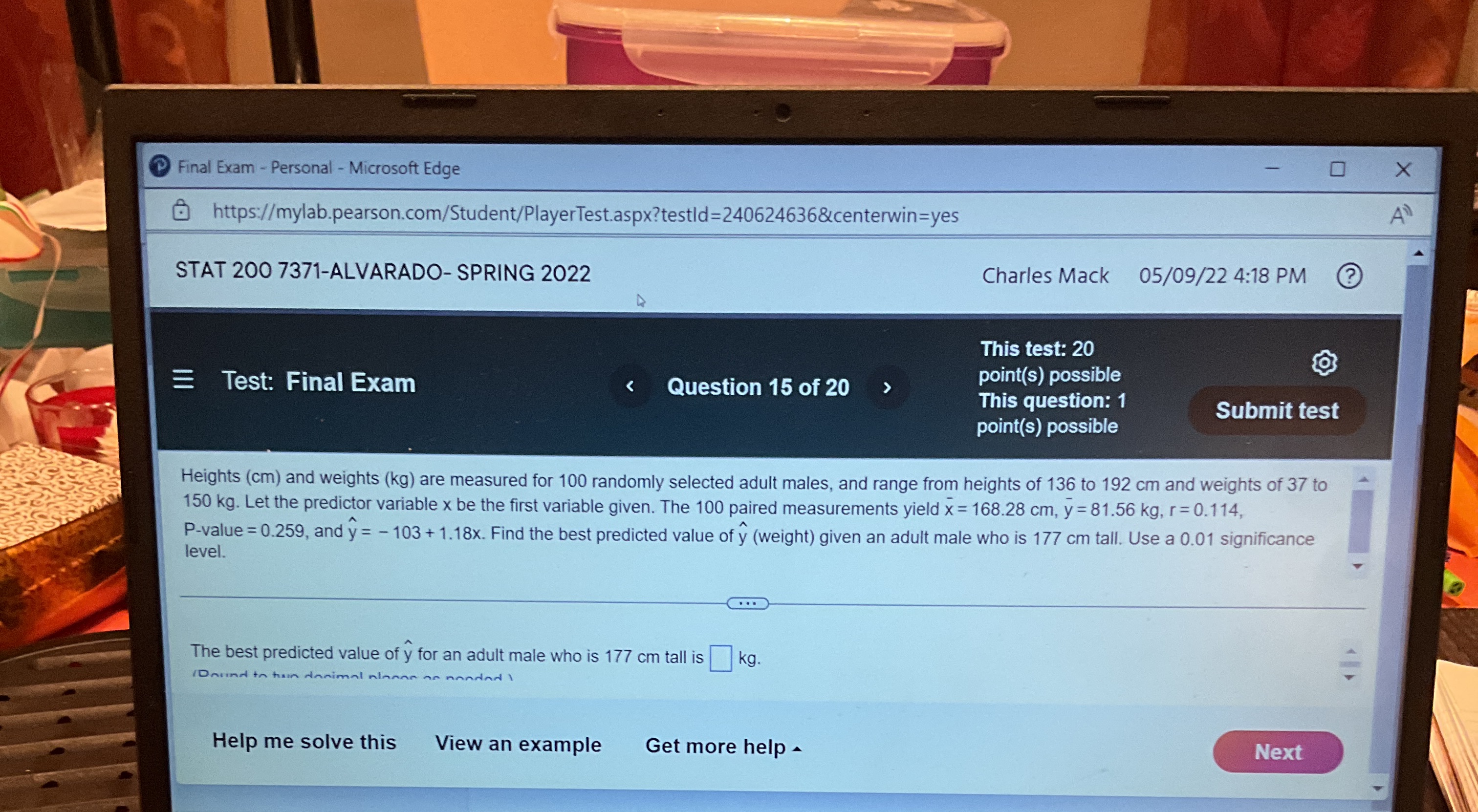 Final Exam - Personal - Microsoft Edge O X @ https://mylab.pearson.com/Student/PlayerTest.aspx?testld=240624636¢erwin=yes