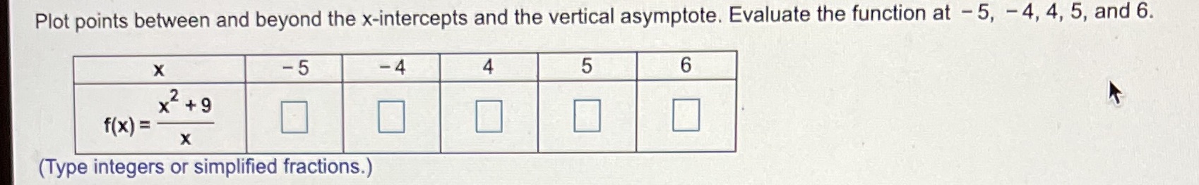  Plot points between and beyond the x-intercepts and the vertical asymptote.