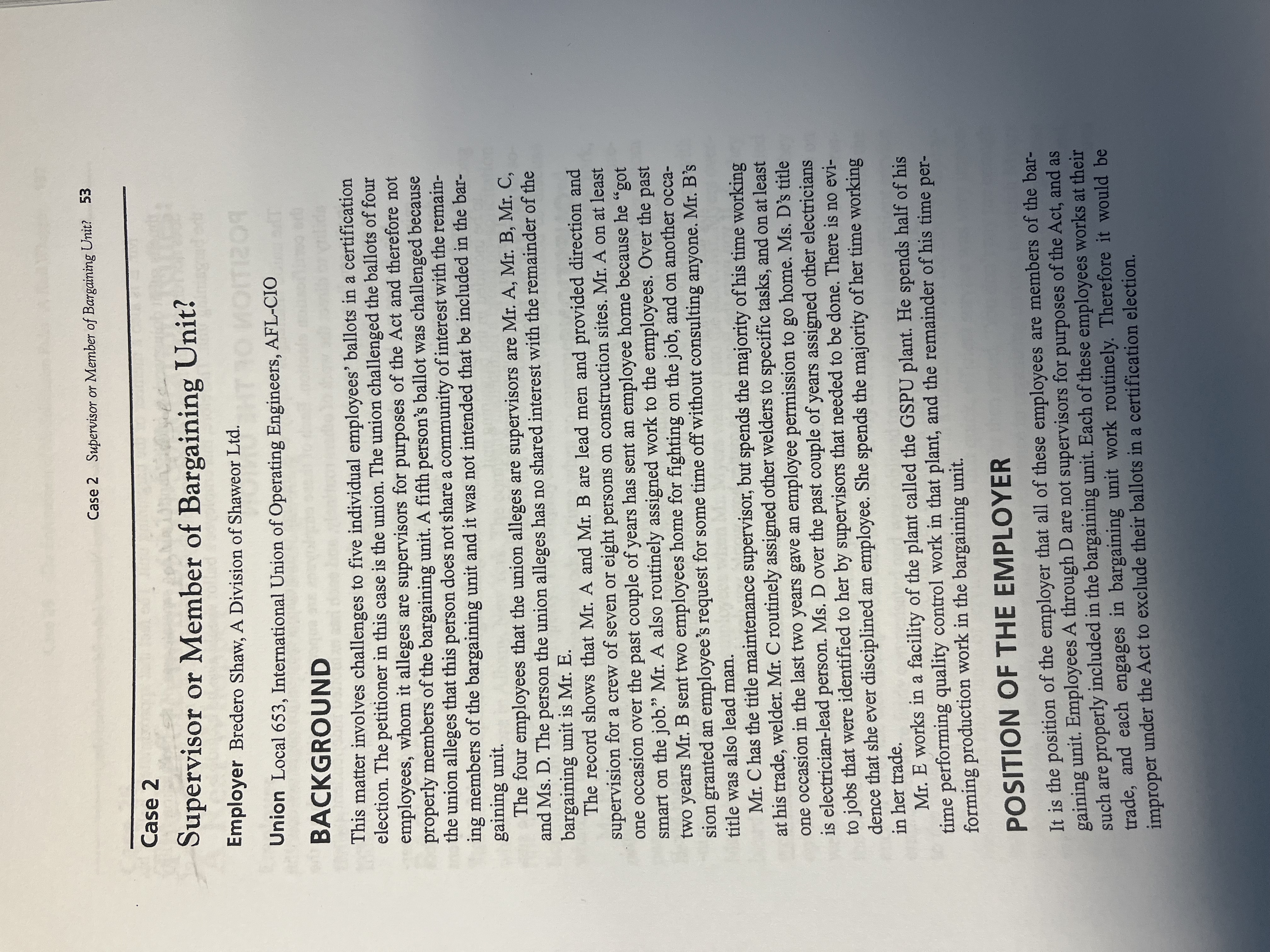 Case 2 Supervisor or Member of Bargaining Unit? 53 Case 2