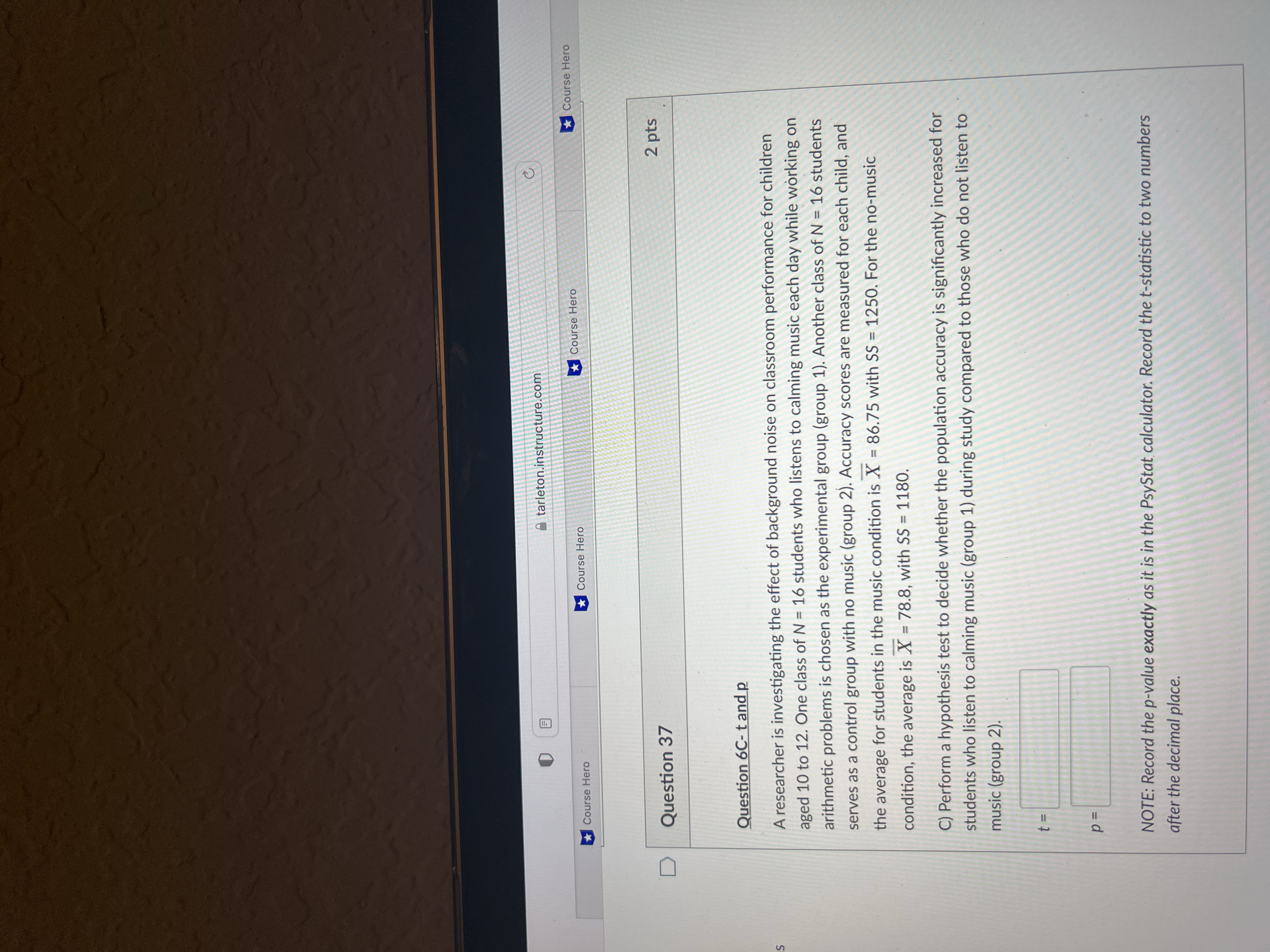 of N = 16 students who listens to calming music each day