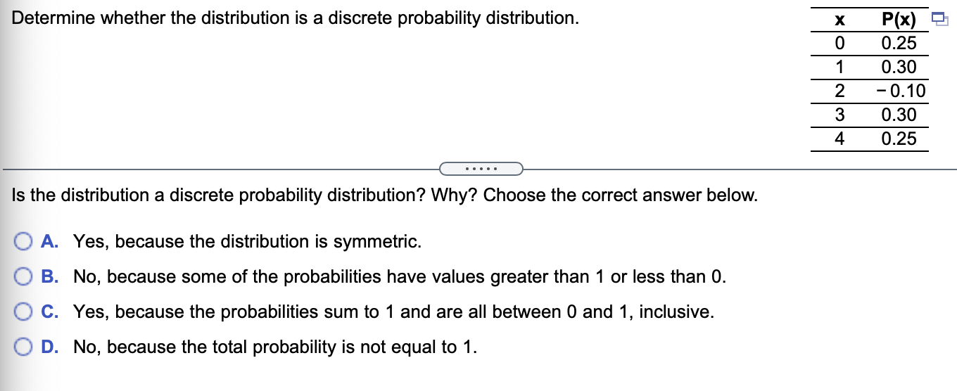 Determine whether the distribution is a discrete probability distribution. P(x) |a