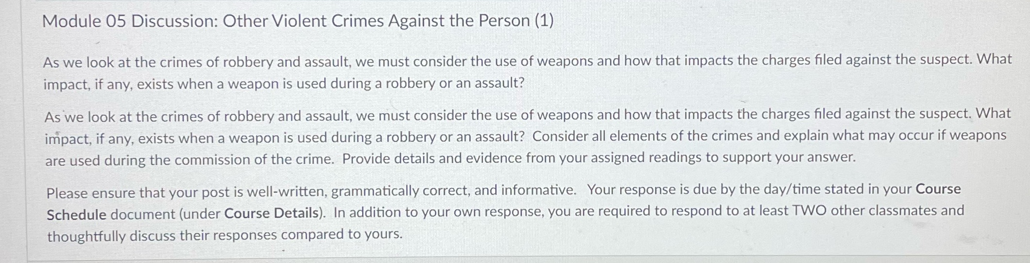 How do I answer this?? Please help! Module 05 Discussion: Other Violent