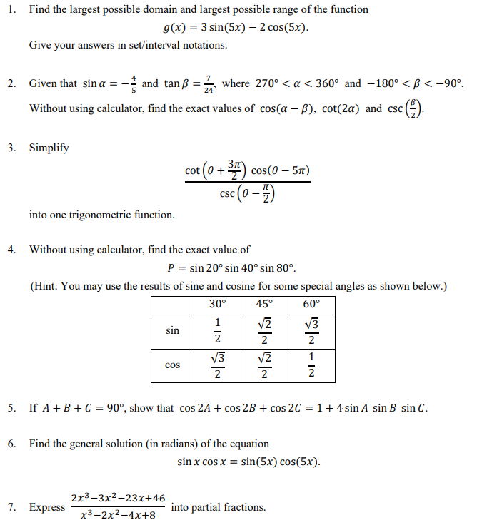  1. Find the largest possible domain and largest possible range of