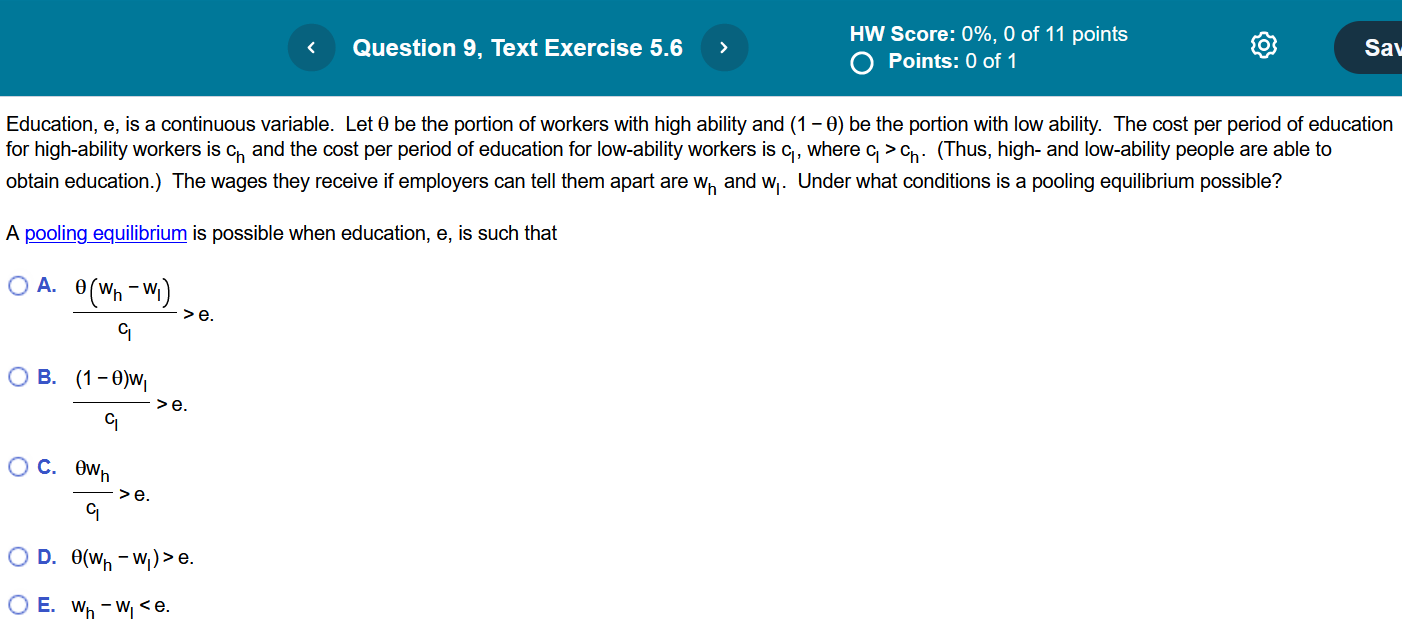 given w,,, w;, and 8 in the education signaling model. For what