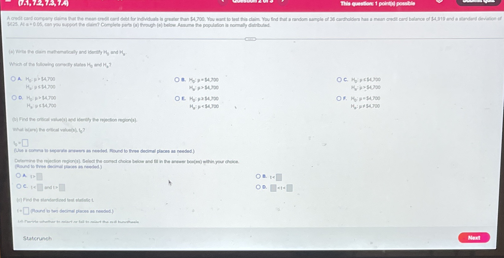  (7.1, 7.2, 7.3, 7.4) This question: 1 point(s) possible A credit