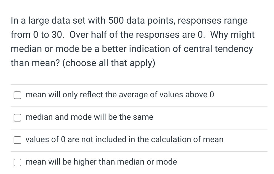 In a large data set with 500 data points, responses range from