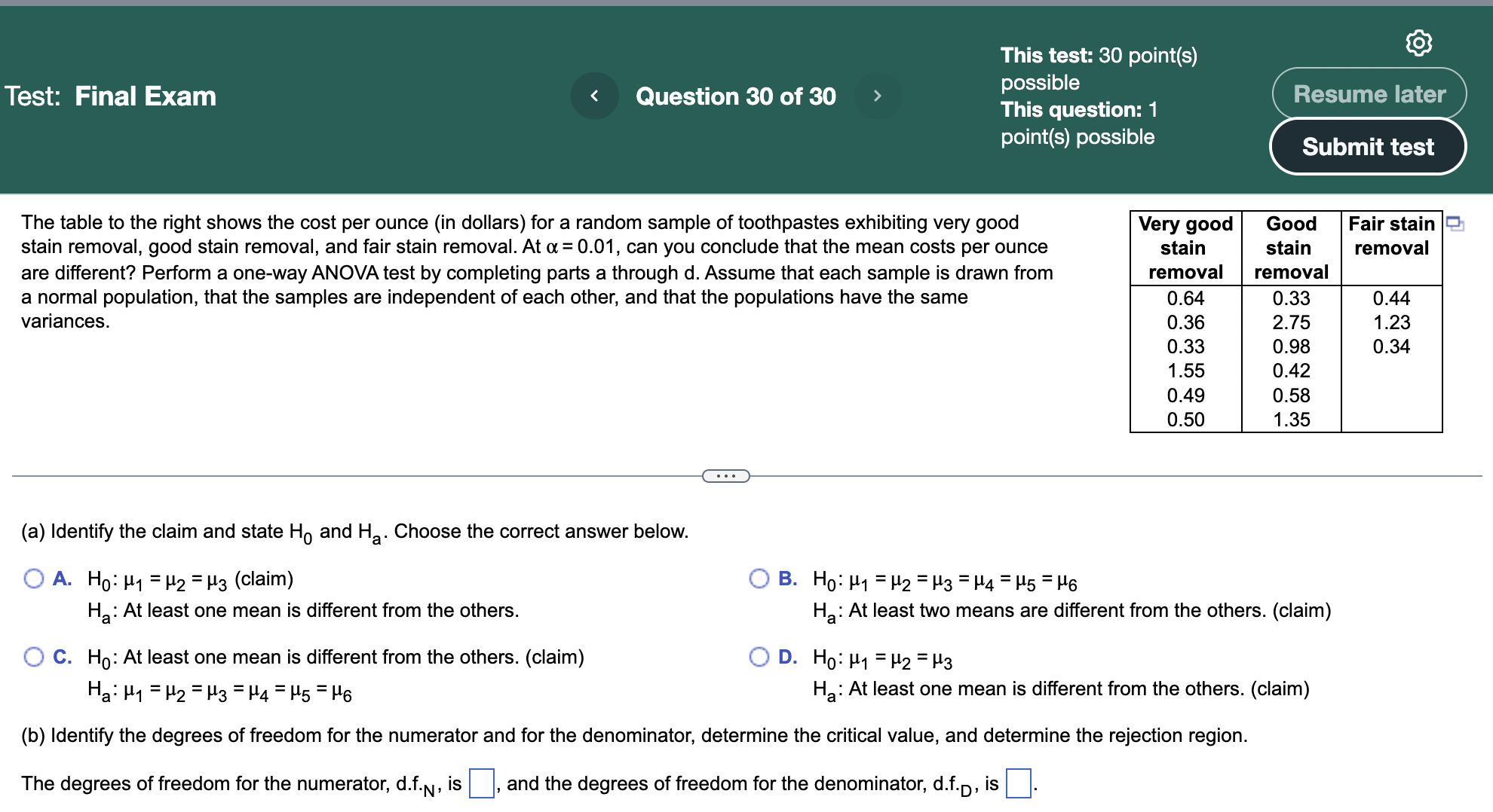  This test: 30 point(s) possible This question: 1 point(s) possible Test: