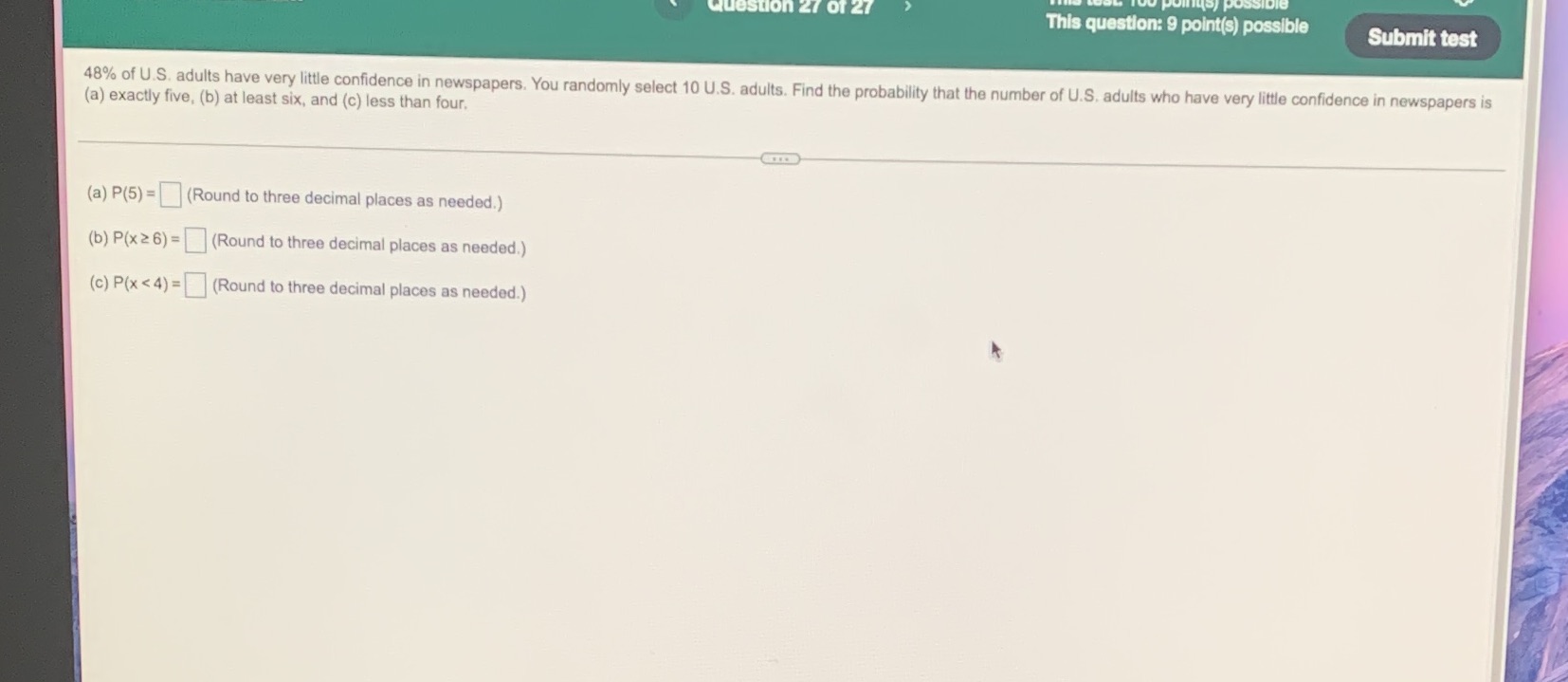  Of 27 This question: 9 point(s) possible Submit test 48% of