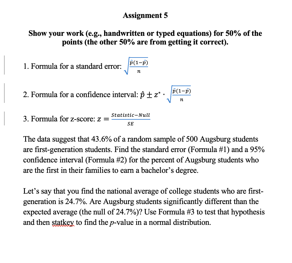 Assignment 5 Show your work (e.g., handwritten or typed equations) for