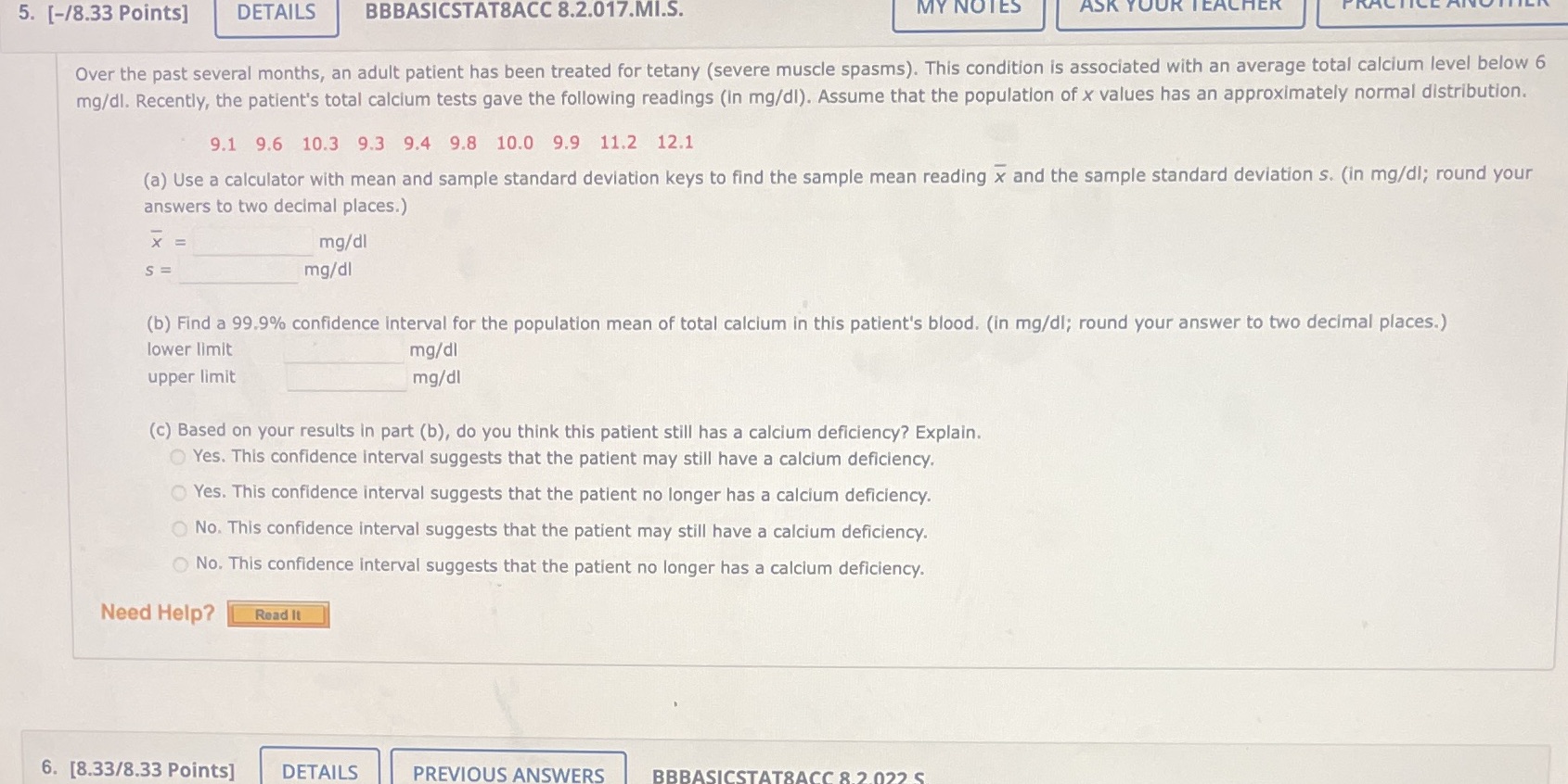  5. [-/8.33 Points] DETAILS BBBASICSTATSACC 8.2.017.MI.S. MY NOTES ASK YOUR TEA