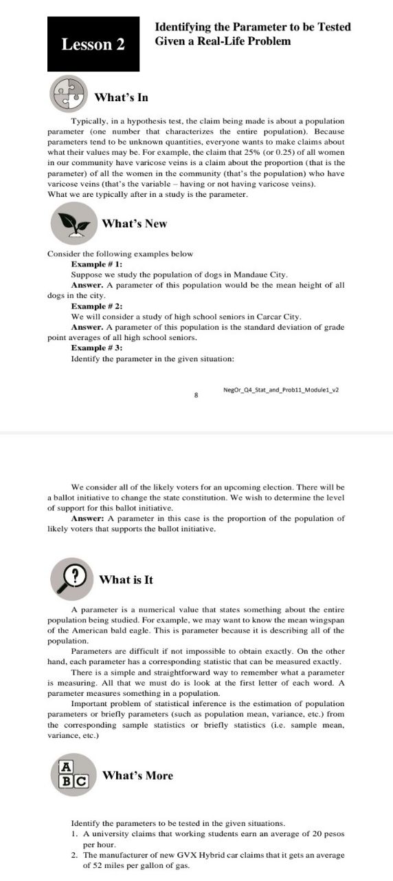  Identifying the Parameter to be Tested Lesson 2 Given a Real-Life