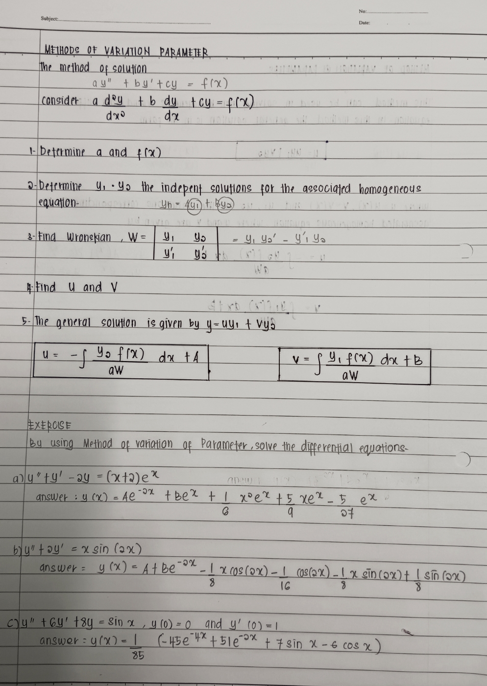 Method of variation parameter. Please help me to solve exercise b and