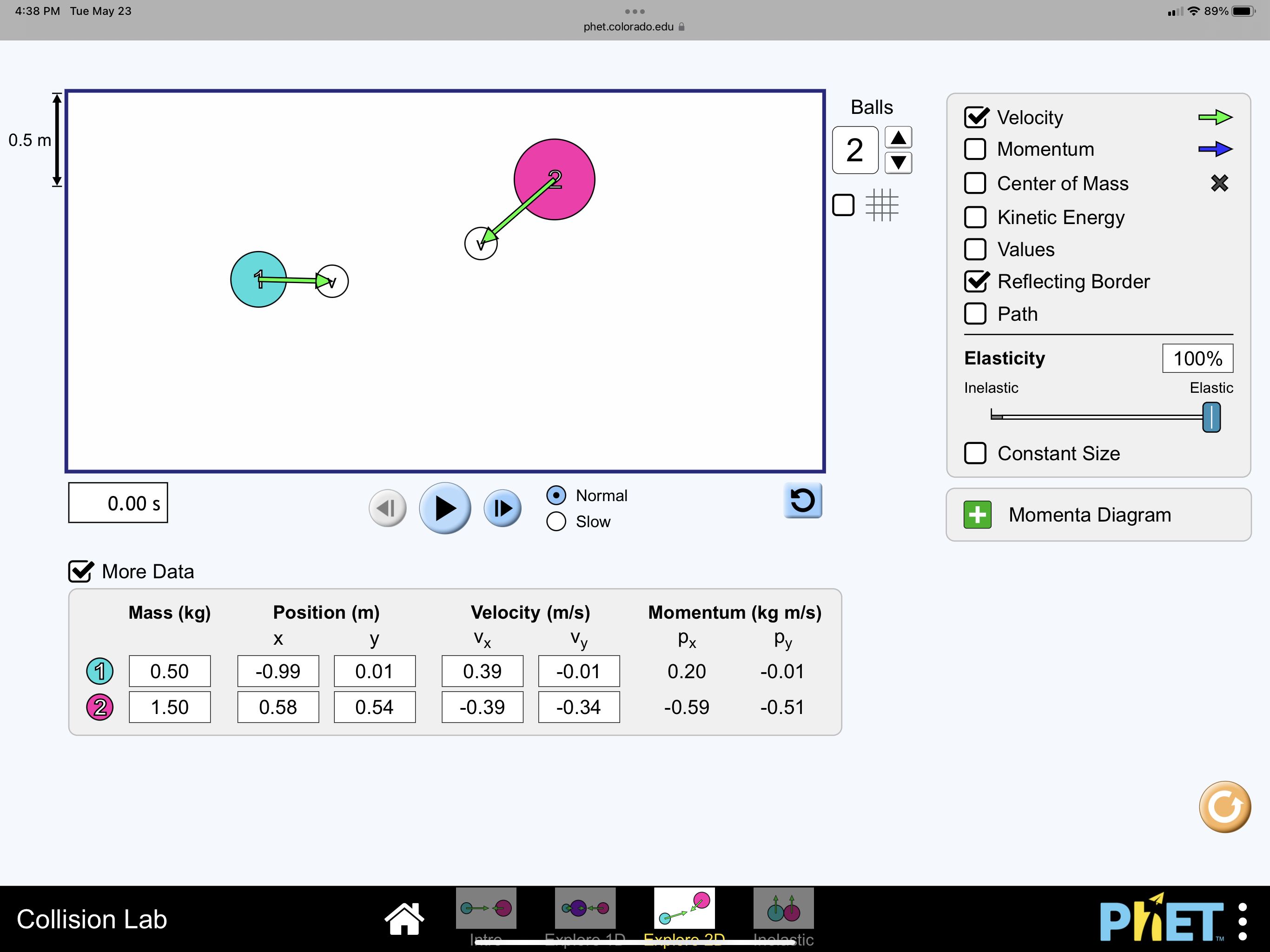 Link to SIMULATION: https://phet.colorado.edu/sims/html/collision-lab/latest/collision-lab_all.html11. Using the values given in the table on