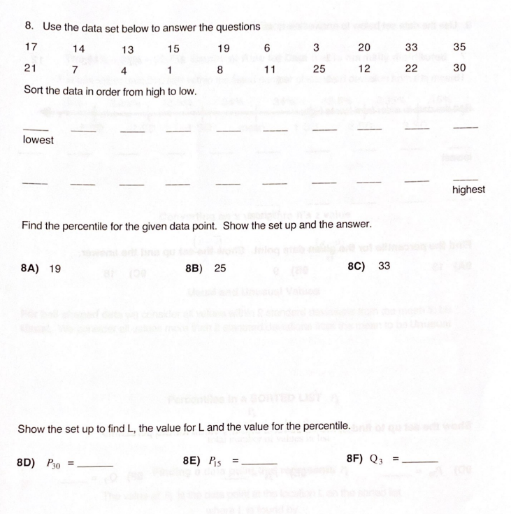 32 34 36 39 40 42 50 Find the percentile for the
